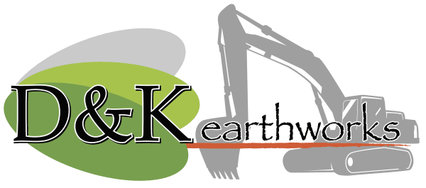 Logo for D&K Earthworks featuring a large gray excavator illustration on the right, with the company name in bold black and green text on the left, set against overlapping green and white ovals.